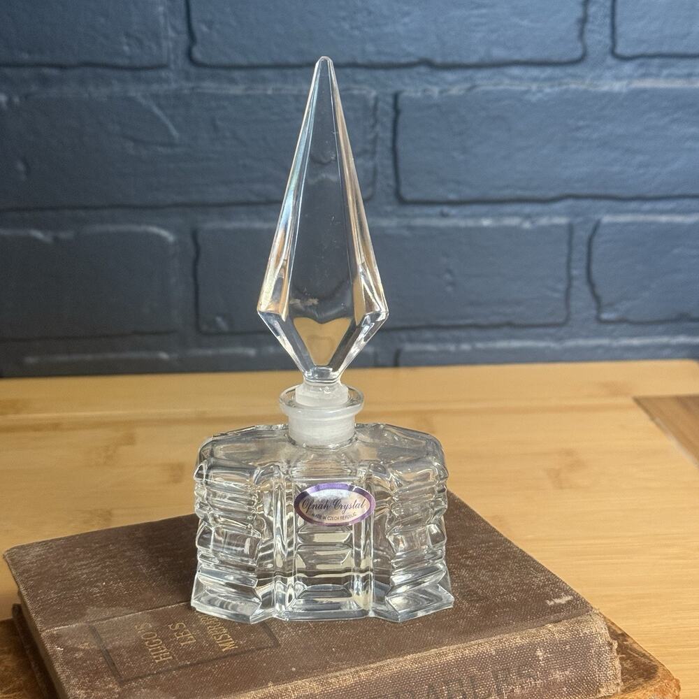 Czech Ofnah Crystal Perfume Bottle with Stopper Diamond Shape Dauber Boho Vanity